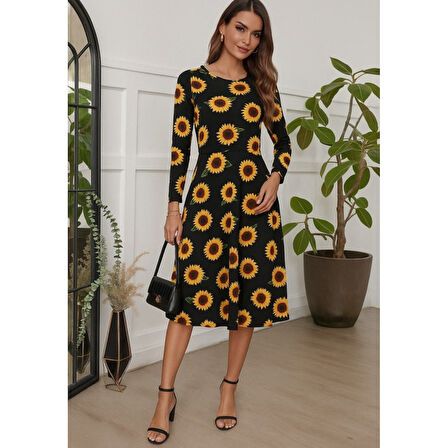 Lucky Life Kadın Fakir Kol Bisiklet Yaka Midi Mikro Elbise