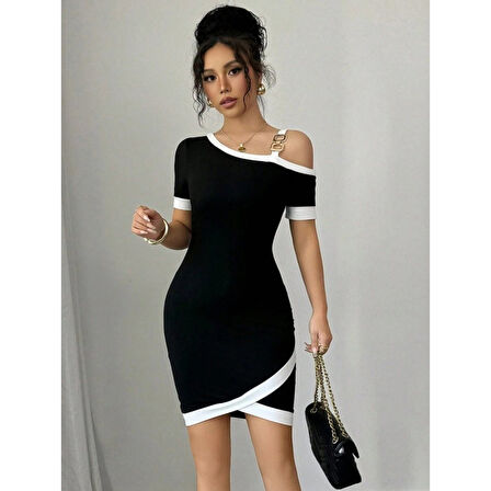 Lucky Life Kadın Kısa Kollu Asimetrik Kesim Yaka şerit Ve Aksesuar Detaylı Modal Elbise