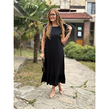 Lucky Life Kadın Omuzlardan Büzgülü Kayık Yaka Fırfırlı Janjan Krep Elbise