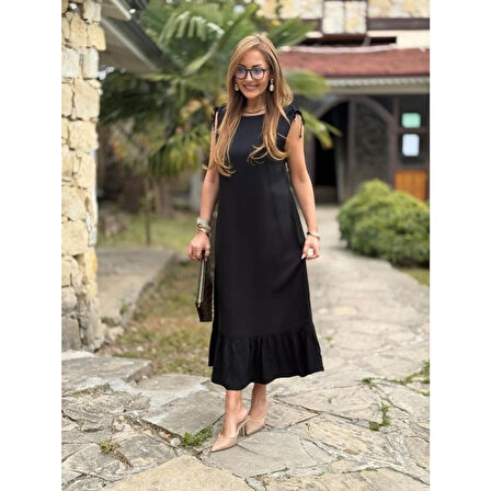 Lucky Life Kadın Omuzlardan Büzgülü Kayık Yaka Fırfırlı Janjan Krep Elbise