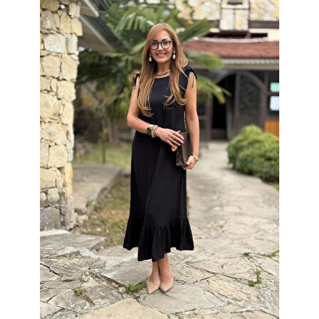 Lucky Life Kadın Omuzlardan Büzgülü Kayık Yaka Fırfırlı Janjan Krep Elbise