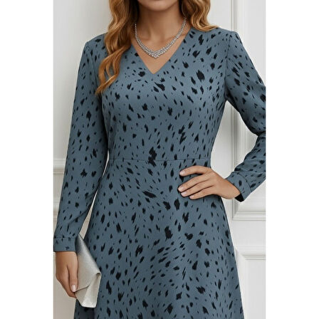 Lucky Life Lucky Life Kadın Uzun Kollu V Yakalı Desenli Kısa Keten Elbise