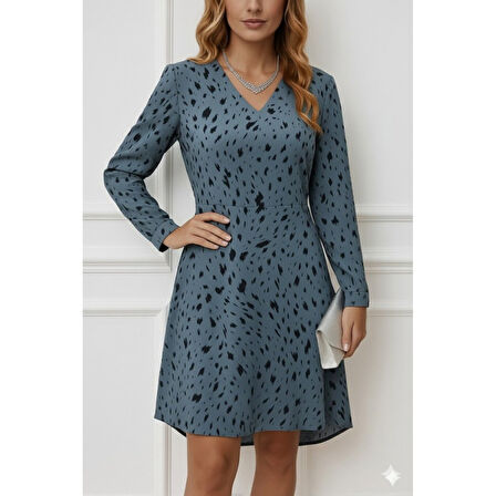 Lucky Life Lucky Life Kadın Uzun Kollu V Yakalı Desenli Kısa Keten Elbise