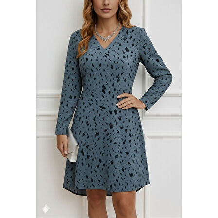 Lucky Life Lucky Life Kadın Uzun Kollu V Yakalı Desenli Kısa Keten Elbise