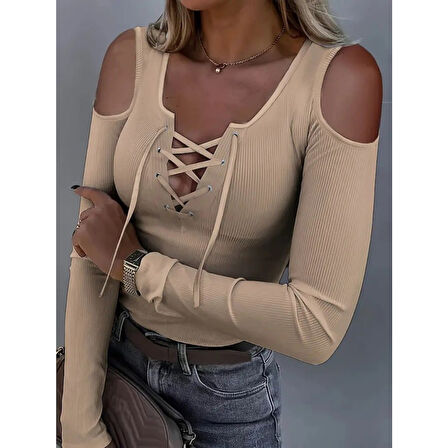 Lucky Life Kadın Omuzlardan Açık Uzun Kollu Bağcıklı Kaşkorse Bluz