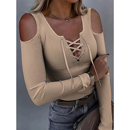 Lucky Life Kadın Omuzlardan Açık Uzun Kollu Bağcıklı Kaşkorse Bluz