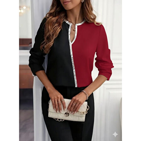 Lucky Life Kadın Uzun Kollu V Yakalı Pul Payet Işlemeli Ithal Krep Bluz