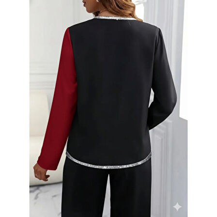 Lucky Life Kadın Uzun Kollu V Yakalı Pul Payet Işlemeli Ithal Krep Bluz