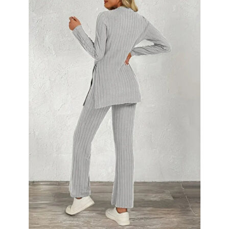 Lucky Life Kadın Uzun Kollu Bisiklet Yaka Yandan Yırtmaçlı şardonlu Kaşkorse Bluz Ve Pantolon Ikili Takım