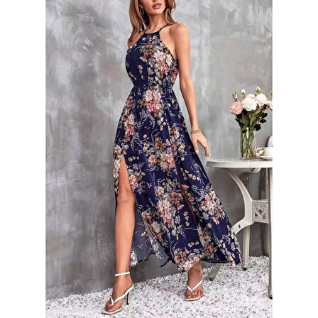 Lucky Life Kadın Açık Omuz Halter Yaka Beli Lastikli Büzgü Detay önden Yırtmaçlı çiçek Desenli Süprem Elbise