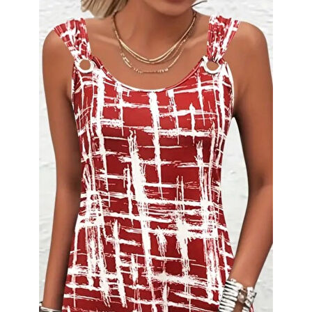 Lucky Life Kadın Askılı Kuş Gözü Detaylı Desenli Süprem Elbise