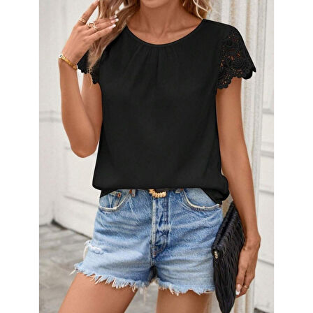 Lucky Life Kadın Kısa Dantel Kollu Bisiklet Yaka Sandy Bluz