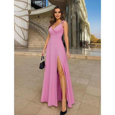 Lucky Life Kadın Askılı Omuzdan Bağlamalı Kruvaze Yakalı Uzun Yırtmaçlı Janjan Krep Elbise