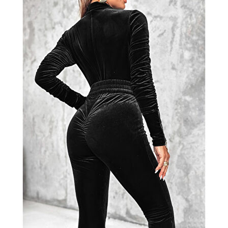 Lucky Life Kadın Uzun Kollu önden Fermuar Detaylı Kemerli Kadife Tulum