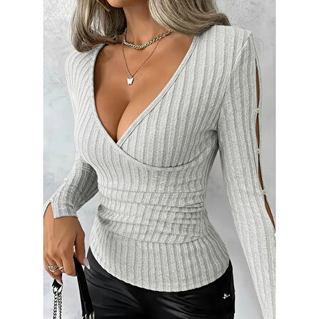 Lucky Life Kadın Uzun Kollu Kruvaze Yakalı Incili şardonlu Kaşkorse Bluz