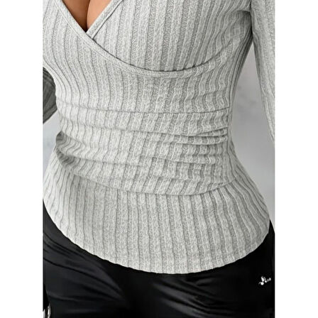 Lucky Life Kadın Uzun Kollu Kruvaze Yakalı Incili şardonlu Kaşkorse Bluz