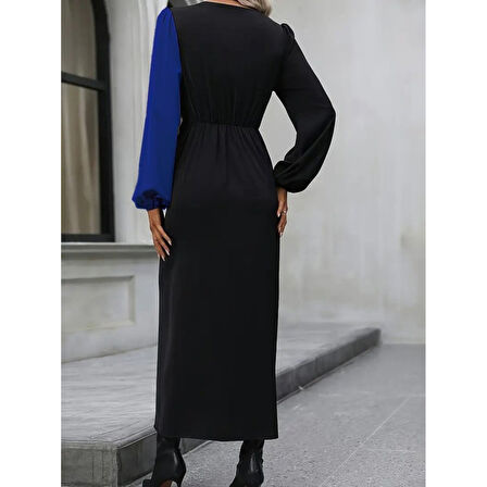 Lucky Life Kadın Uzun Kollu Kruvaze Yakalı Belden çapraz Detaylı çift Renkli Midi Ithal Krep Elbise