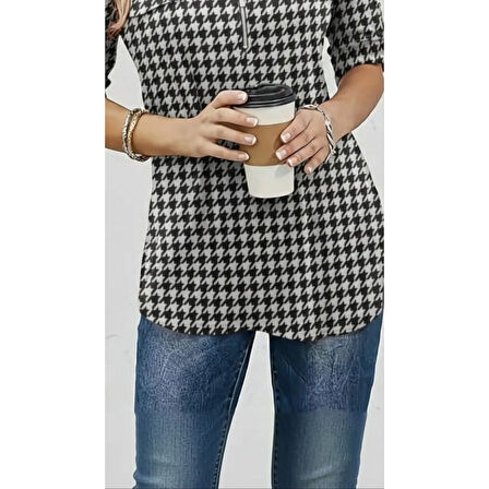 Lucky Life Kadın Uzun Kollu Hakim Yaka Yakadan Fermuarlı Geometrik Desenli Süprem Bluz