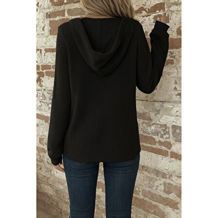 Lucky Life Kadın Uzun Kollu Kapşonlu önü Düğmeli Ve Bağcıklı Waffle Bluz