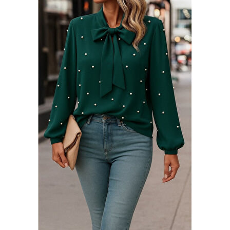 Lucky Life Kadın Uzun Kollu Yakadan Fiyonklu Incili Ithal Krep Bluz