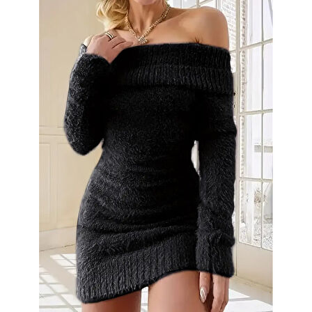 Lucky Life Kadın Uzun Kollu Omuzlardan Açık Kısa şardonlu Triko Elbise