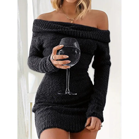 Lucky Life Kadın Uzun Kollu Omuzlardan Açık Kısa şardonlu Triko Elbise