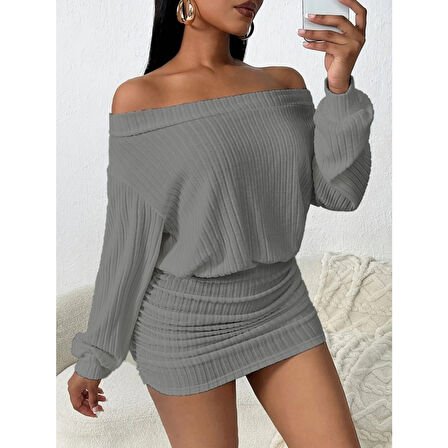 Lucky Life Lucky Life Kadın Uzun Kollu Madonna Yaka Yanlardan Büzgülü şardonlu Kaşkorse Mini Elbise