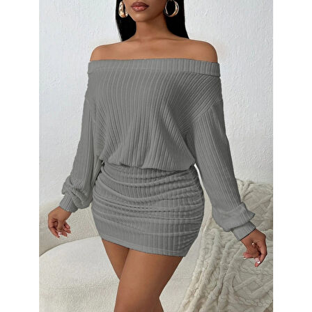 Lucky Life Lucky Life Kadın Uzun Kollu Madonna Yaka Yanlardan Büzgülü şardonlu Kaşkorse Mini Elbise