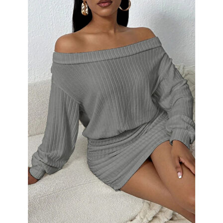 Lucky Life Lucky Life Kadın Uzun Kollu Madonna Yaka Yanlardan Büzgülü şardonlu Kaşkorse Mini Elbise