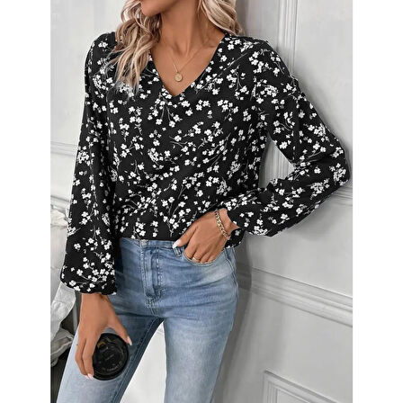 Lucky Life Lucky Life Kadın Uzun Kollu V Yakalı çiçek Desenli Modal Bluz