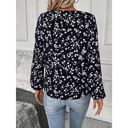 Lucky Life Lucky Life Kadın Uzun Kollu V Yakalı çiçek Desenli Modal Bluz