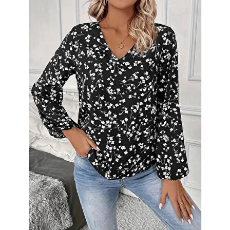 Lucky Life Lucky Life Kadın Uzun Kollu V Yakalı çiçek Desenli Modal Bluz