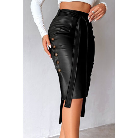 Lucky Life Kadın Yüksek Bel Kuşaklı Yanlardan Düğmeli Mini Deri Etek