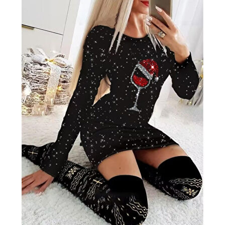 Lucky Life Lucky Life Kadın Uzun Kollu Taş Kadeh Baskı Mikro Kumaş Mini Boy Elbise (çorapsız)