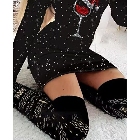 Lucky Life Lucky Life Kadın Uzun Kollu Taş Kadeh Baskı Mikro Kumaş Mini Boy Elbise (çorapsız)