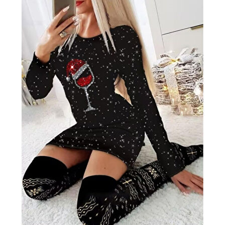 Lucky Life Lucky Life Kadın Uzun Kollu Taş Kadeh Baskı Mikro Kumaş Mini Boy Elbise (çorapsız)