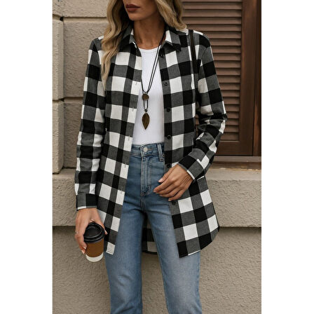 Lucky Life Kadın Uzun Kollu Ekoseli önden Düğmeli Dokuma Uzun Gömlek