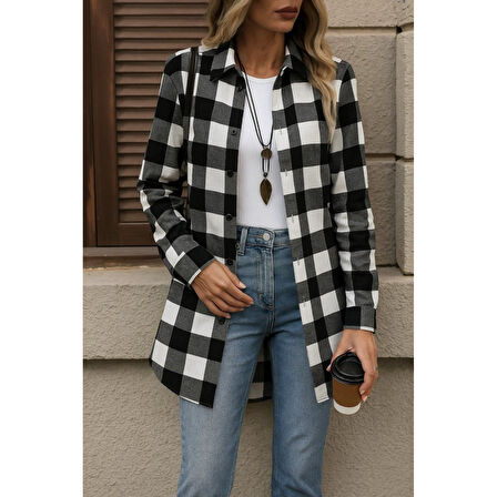 Lucky Life Kadın Uzun Kollu Ekoseli önden Düğmeli Dokuma Uzun Gömlek