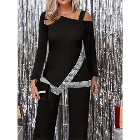 Lucky Life Kadın Tek Omuzdan Açık Uzun Kollu önü Pulpayet Ithal Krep Bluz Ve Pantolon