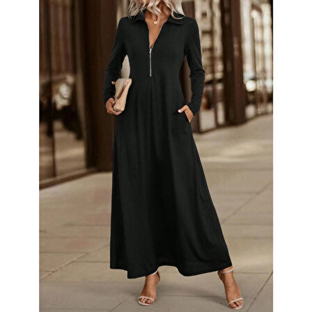 Lucky Life Kadın Uzun Kollu Yakalı önden Fermuarlı Uzun Viskon Iki Iplik Elbise