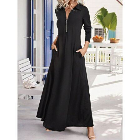 Lucky Life Kadın Uzun Kollu Yakalı önden Fermuarlı Uzun Viskon Iki Iplik Elbise