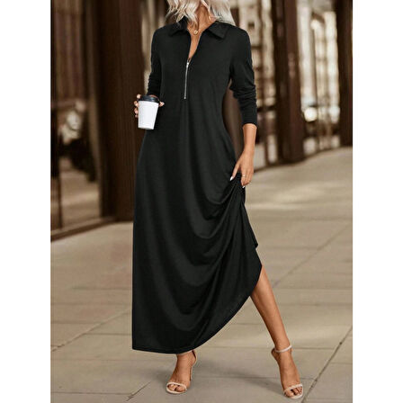 Lucky Life Kadın Uzun Kollu Yakalı önden Fermuarlı Uzun Viskon Iki Iplik Elbise