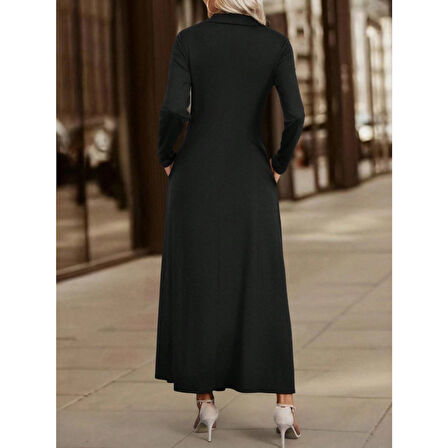 Lucky Life Kadın Uzun Kollu Yakalı önden Fermuarlı Uzun Viskon Iki Iplik Elbise