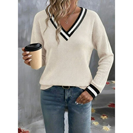 Lucky Life Kadın Uzun Kollu V Yakalı Waffle Bluz