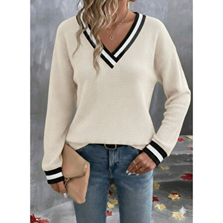 Lucky Life Kadın Uzun Kollu V Yakalı Waffle Bluz