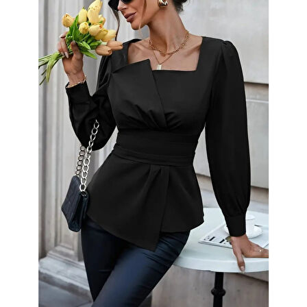 Lucky Life Kadın Uzun Kollu Geometrik Yakalı Belden Oturmalı Ithal Krep Bluz