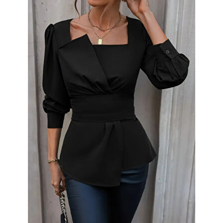 Lucky Life Kadın Uzun Kollu Geometrik Yakalı Belden Oturmalı Ithal Krep Bluz