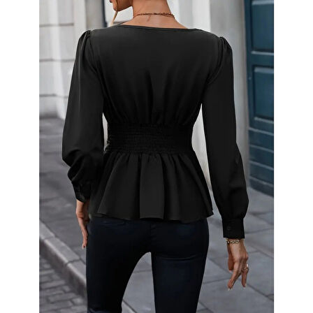 Lucky Life Kadın Uzun Kollu Geometrik Yakalı Belden Oturmalı Ithal Krep Bluz