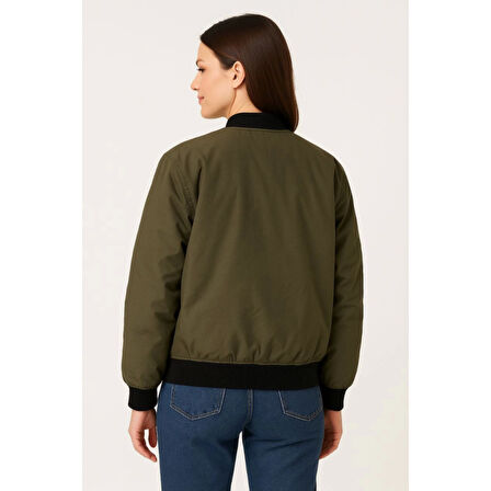 Içi Astarlı Fermuarlı Lucky Life Bomber Mont Ceket - Haki