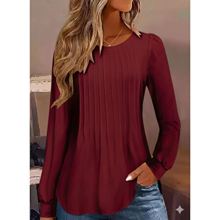 Lucky Life Kadın Uzun Kollu Yuvarlak Yaka Nervürlü Bluz